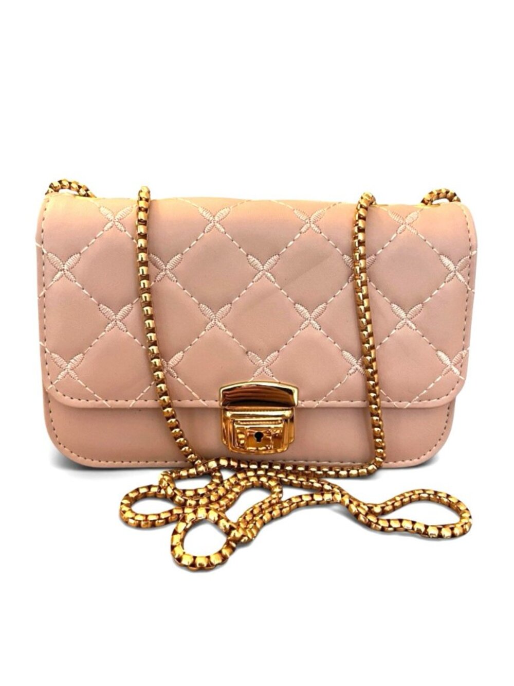 Small Structured Pink Quilted Purse Gold Crossbody Chain  Handbag Purse New
